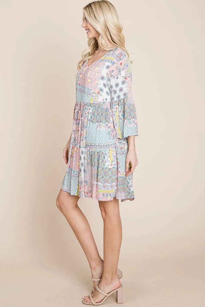 3/4 Sleeve Pleated Floral Flowy Boho swing dresses