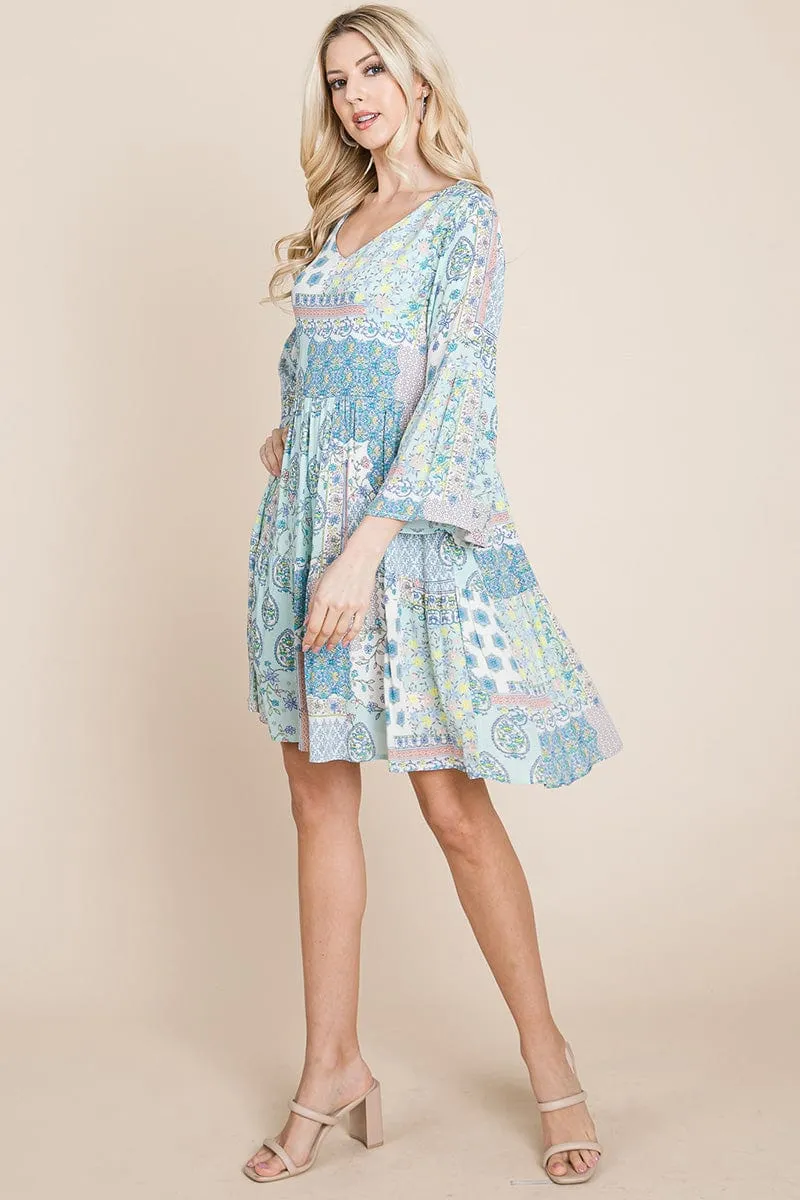 3/4 Sleeve Pleated Floral Flowy Boho swing dresses