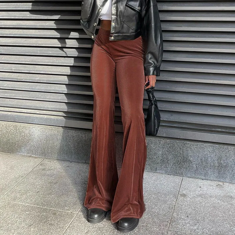 Autumn Arrival Solid Color Velvet Elastic High Waist Slimming Casual Bootcut Trousers Women Smart Trousers