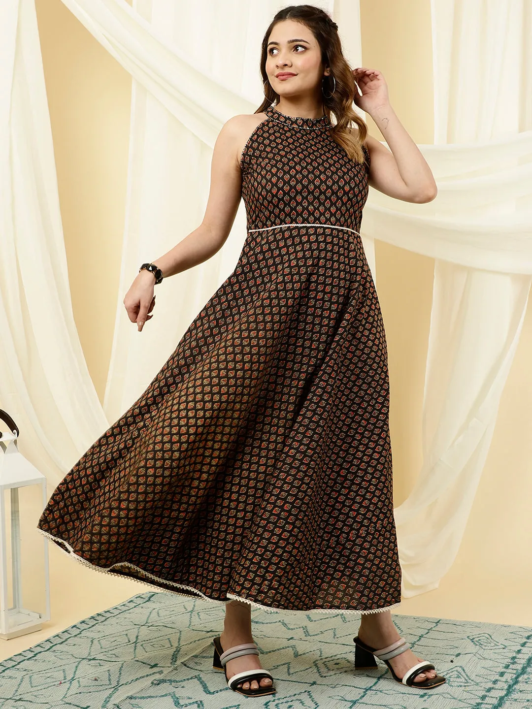 Black Ethnic Printed Cotton Dress