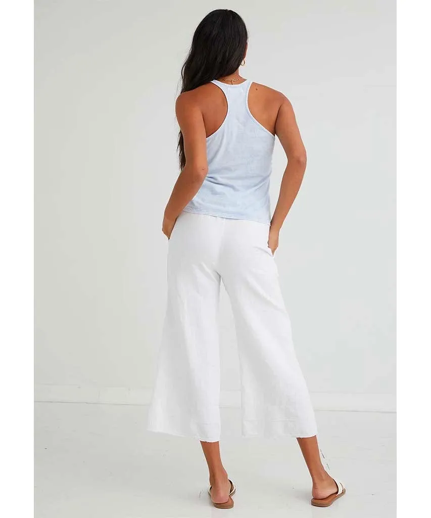 Button Front Wide Leg Crop White