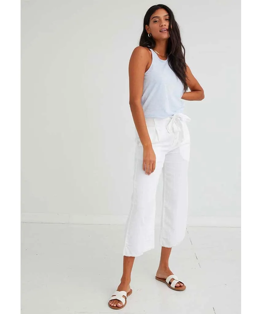 Button Front Wide Leg Crop White