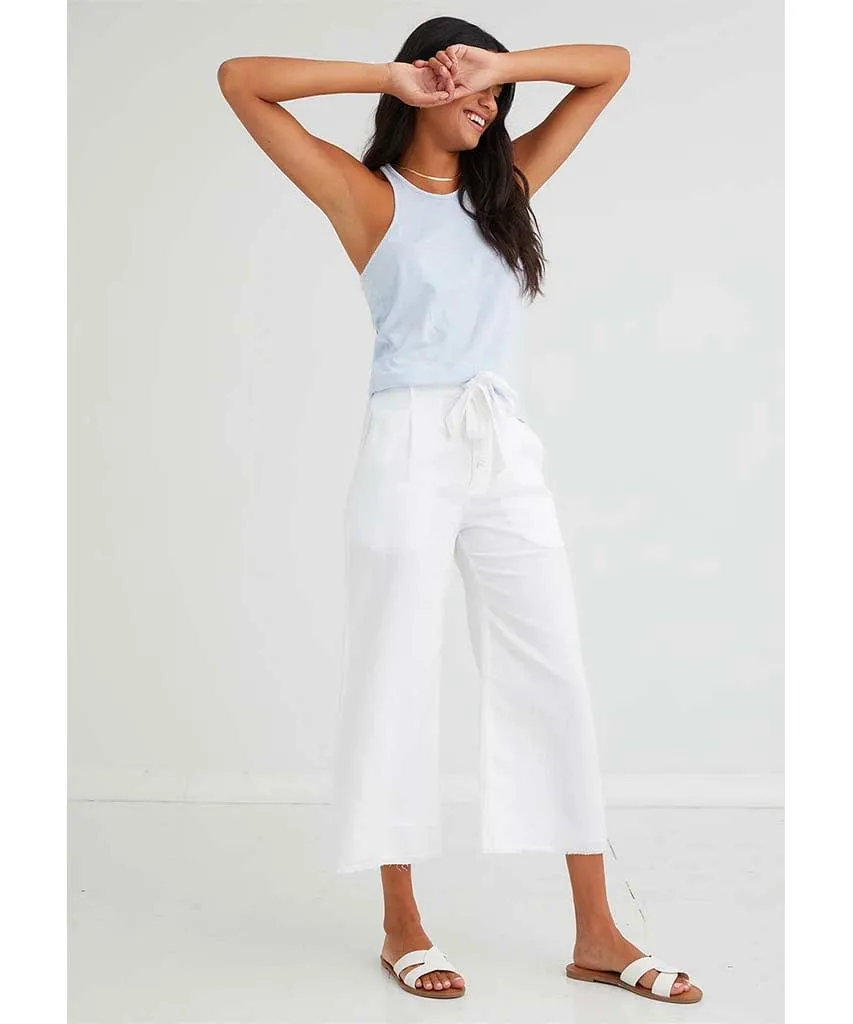 Button Front Wide Leg Crop White