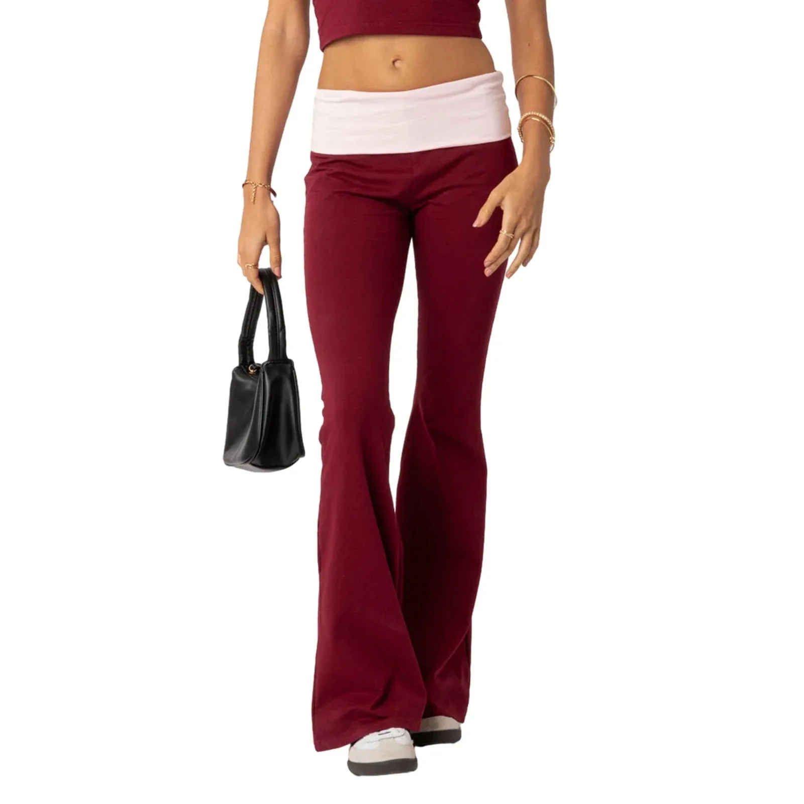 Casual Contrast Color Elastic Waist Bell Bottoms Bootcut Trousers Y2K Streetwear Flared Pants