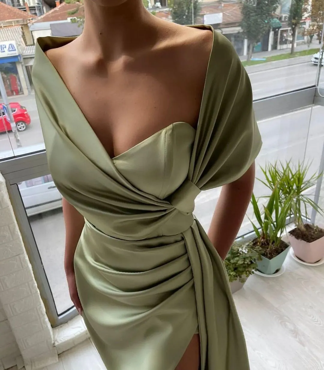 Chic Floor Length Portrait A Line Satin Prom Dress with Ruffles