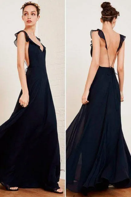 Chiffon Backless Navy Blue Prom Dress | Long Senior Formal Dress