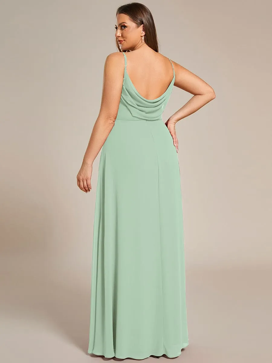 Chiffon Pleated Spaghetti Strap Cowl-Back Maxi Bridesmaid Dress In Pink