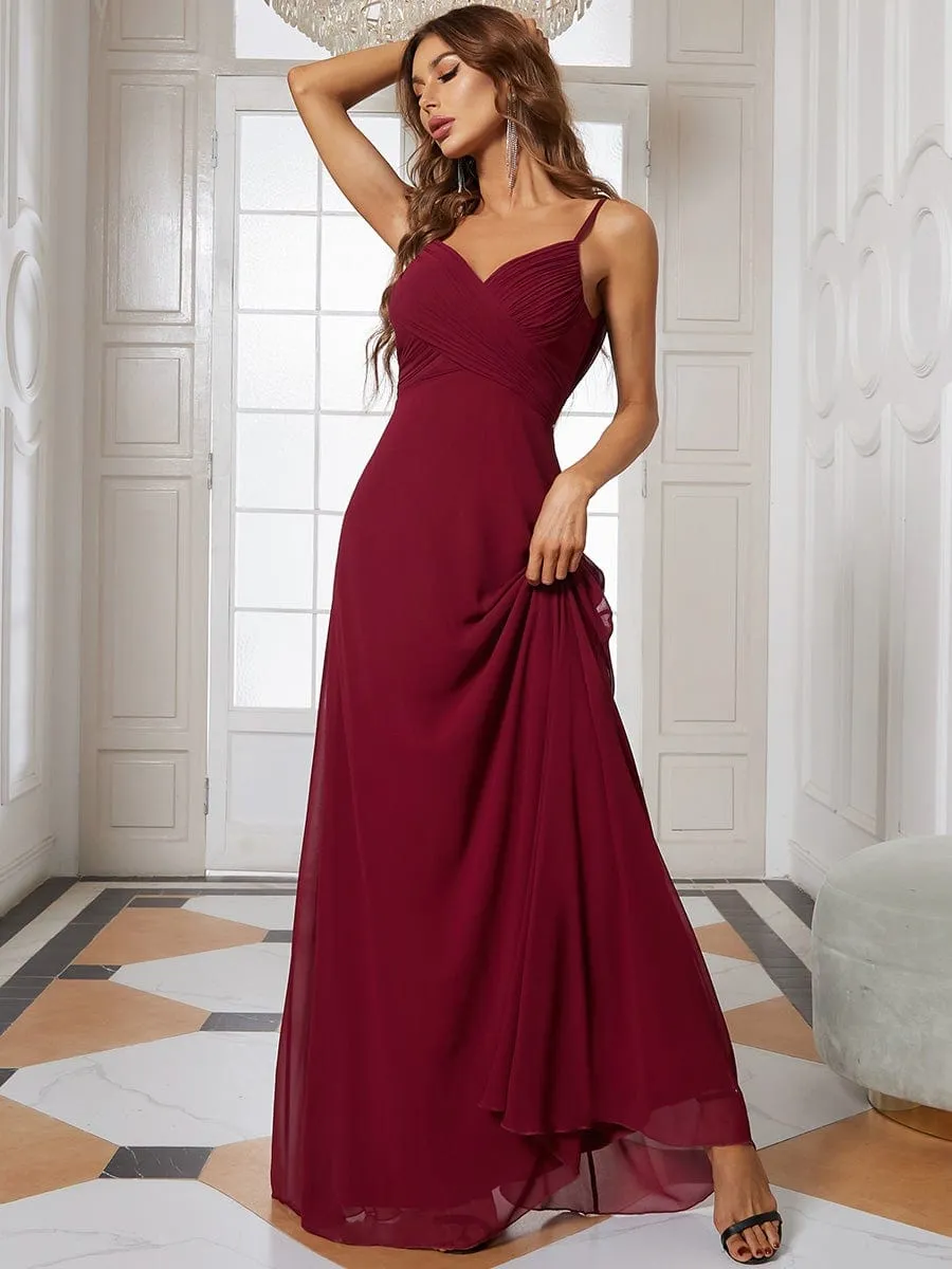 Chiffon Pleated Spaghetti Strap Cowl-Back Maxi Bridesmaid Dress In Pink