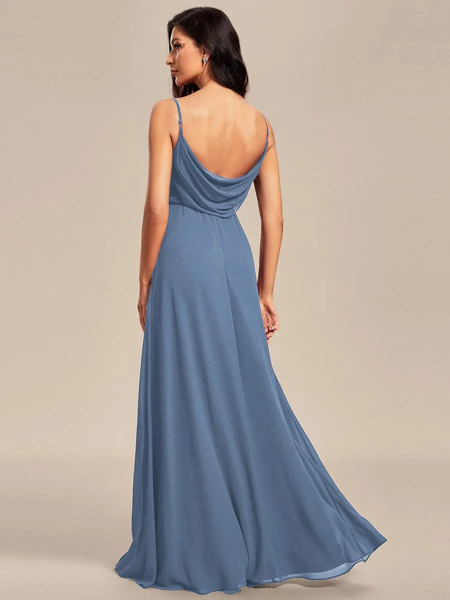 Chiffon Pleated Spaghetti Strap Cowl-Back Maxi Bridesmaid Dress In Pink