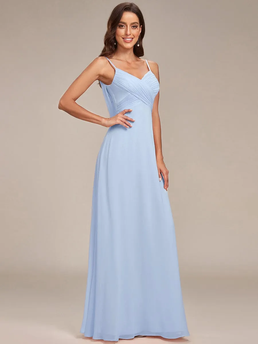 Chiffon Pleated Spaghetti Strap Cowl-Back Maxi Bridesmaid Dress In Pink