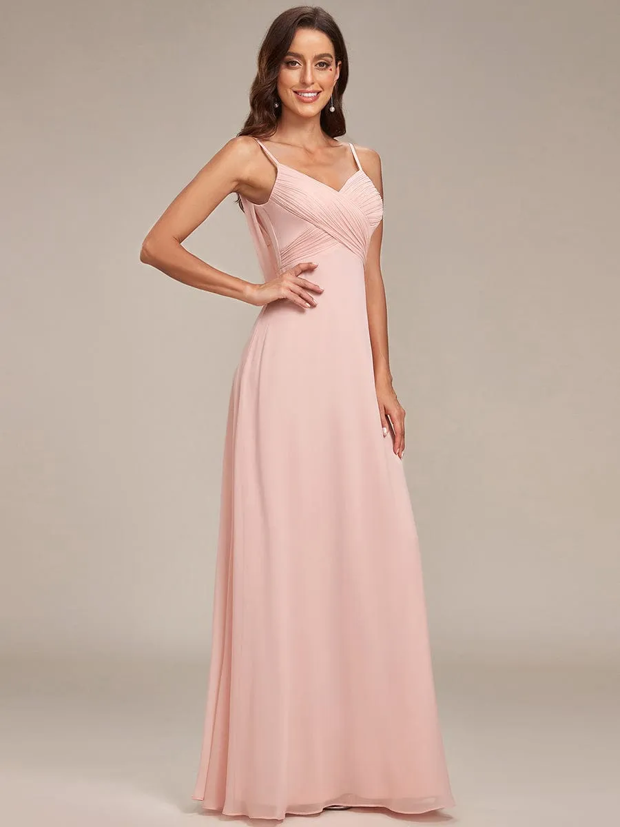 Chiffon Pleated Spaghetti Strap Cowl-Back Maxi Bridesmaid Dress In Pink