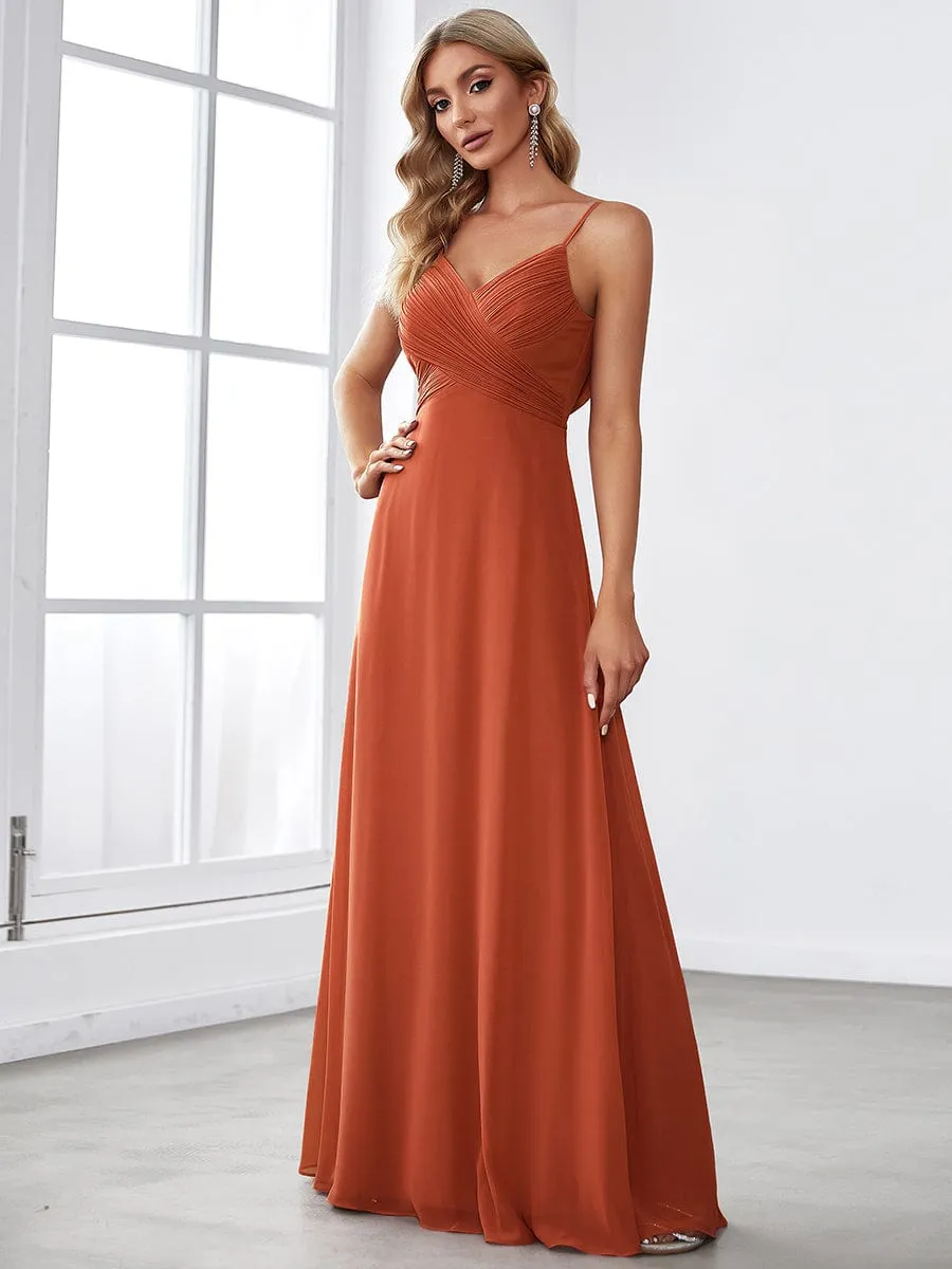 Chiffon Pleated Spaghetti Strap Cowl-Back Maxi Bridesmaid Dress In Pink