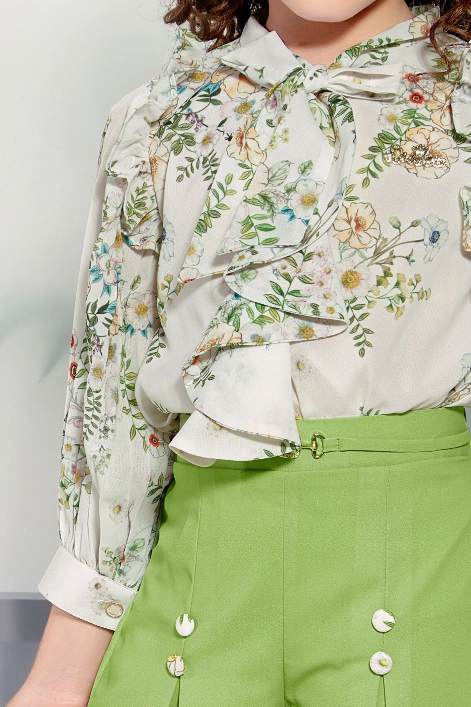 Half White Floral Print Top with Pista Green Culottes for Girls