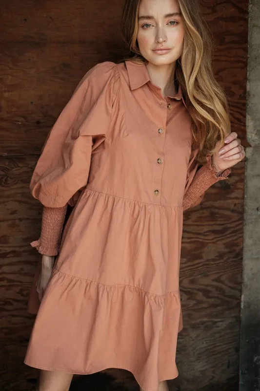 Long Sleeve Baby Doll Dress (Rust)