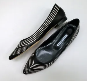 Manolo Blahnik Waldayaflat in Black Nappa Leather with White Gradation Stripes Shoes Flats