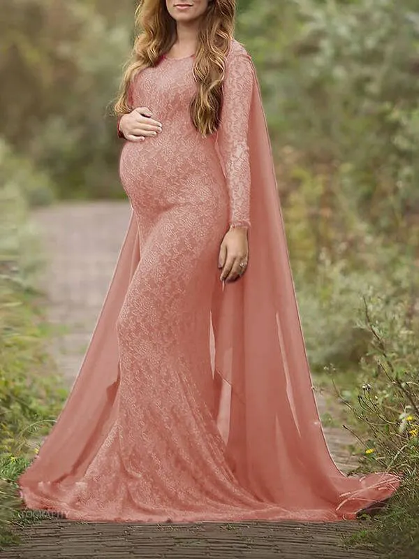 Momnfancy Lace Bodycon Chiffon Maternity For Babyshower Flowy Maxi Dress