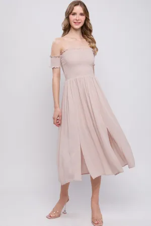 Natural Beige Flowy Off The Shoulder Side Slit Midi Dress_