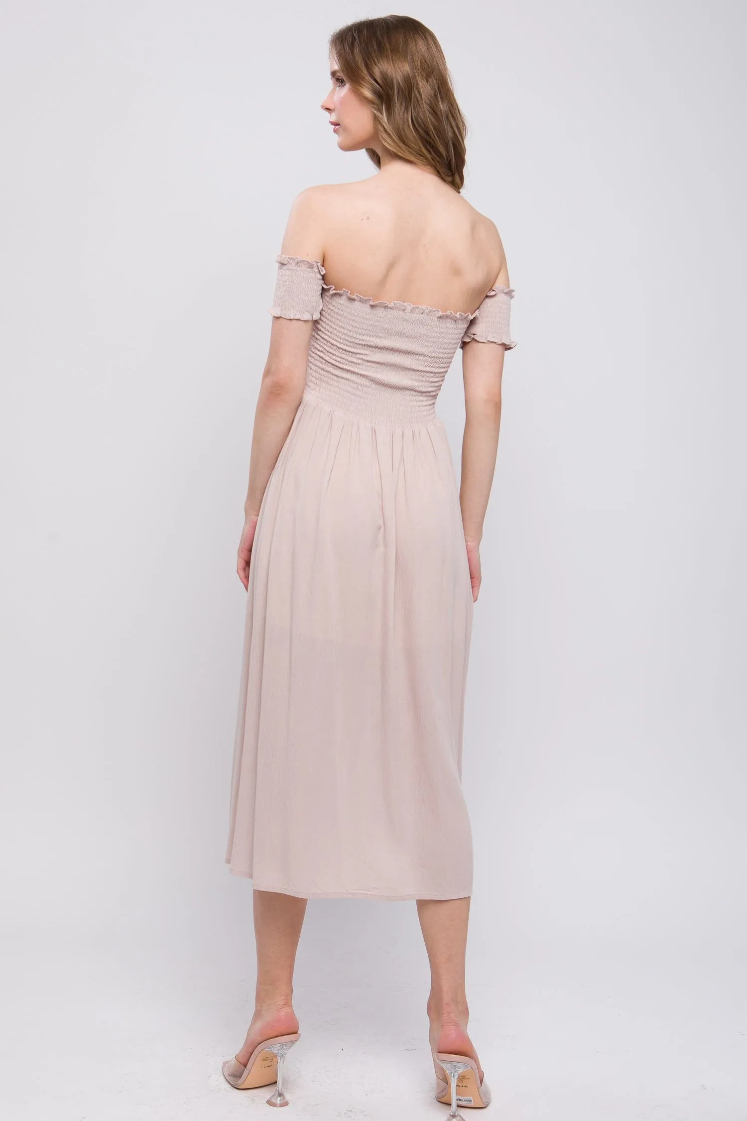 Natural Beige Flowy Off The Shoulder Side Slit Midi Dress_