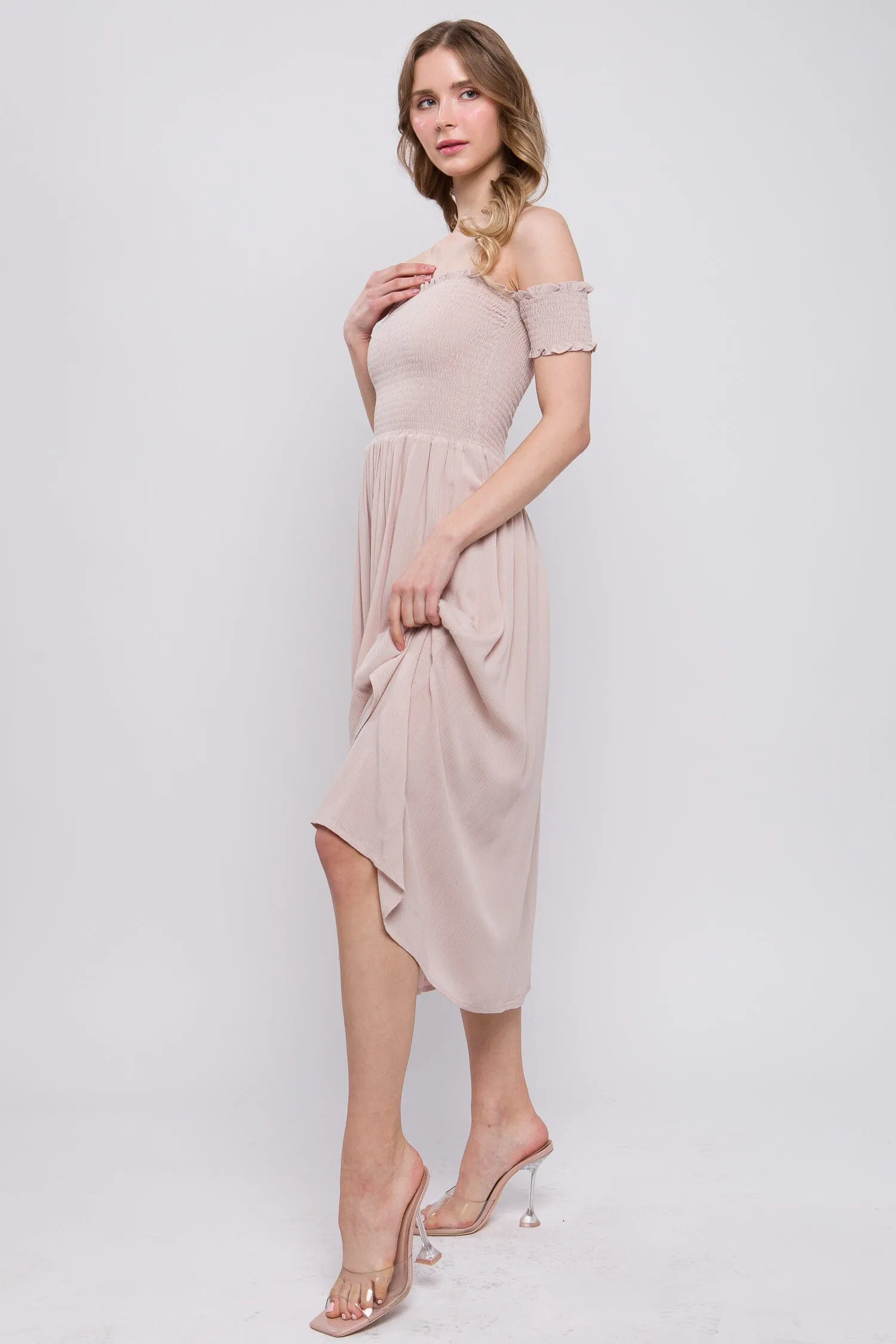 Natural Beige Flowy Off The Shoulder Side Slit Midi Dress_