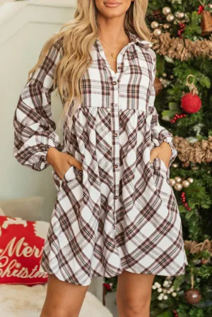 Plaid Bubble Sleeve Flowy Shirt Dress