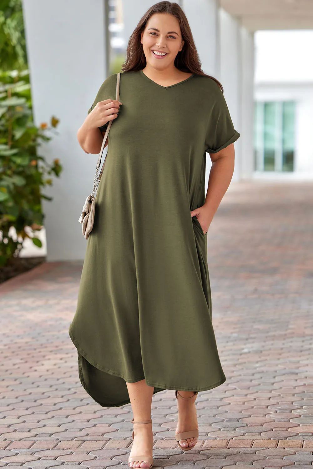 Plus Size Rolled Cuffs Maxi Dress