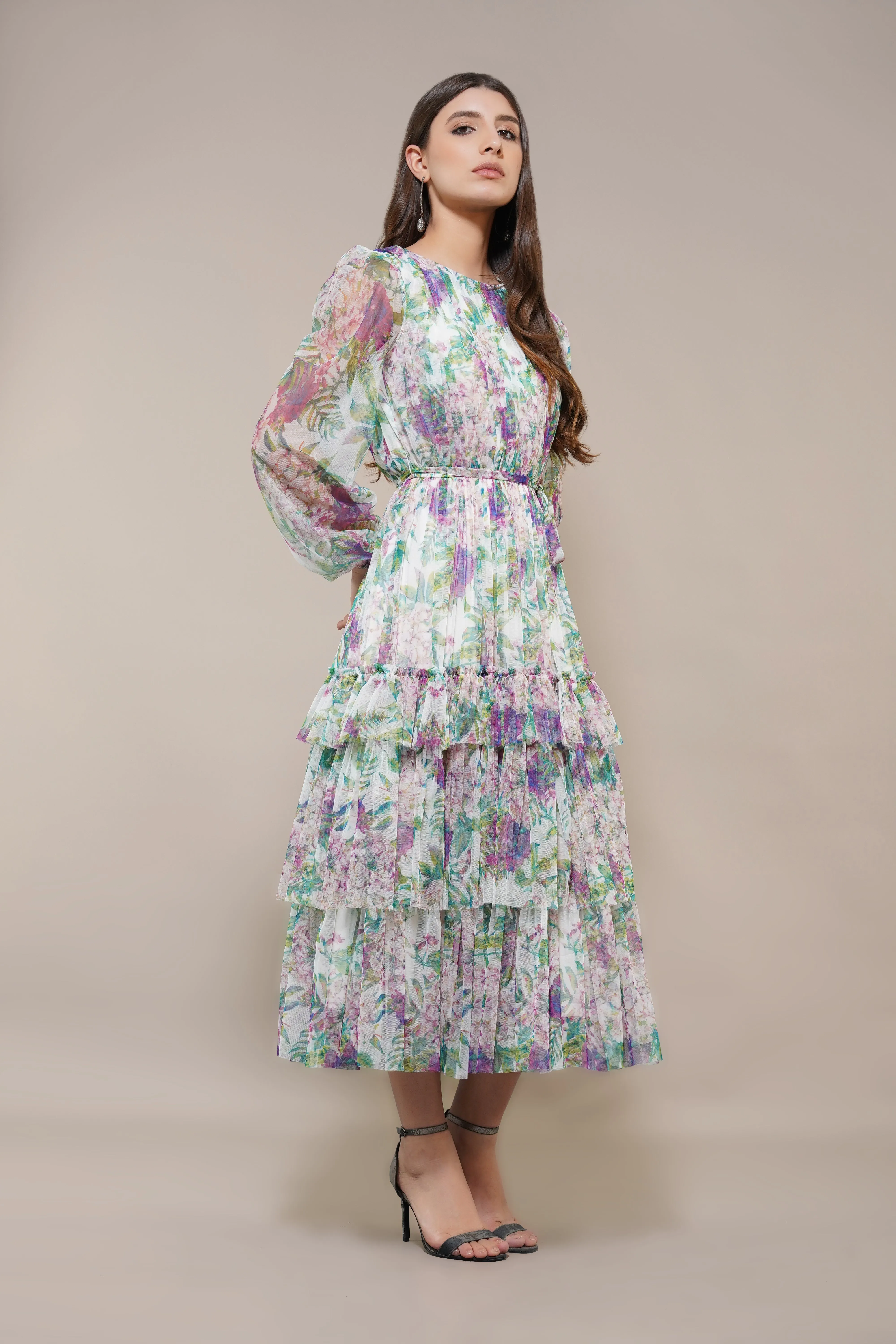 Rebecca Midi Dress in Purple Green Floral