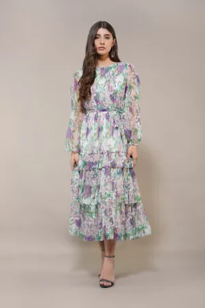 Rebecca Midi Dress in Purple Green Floral