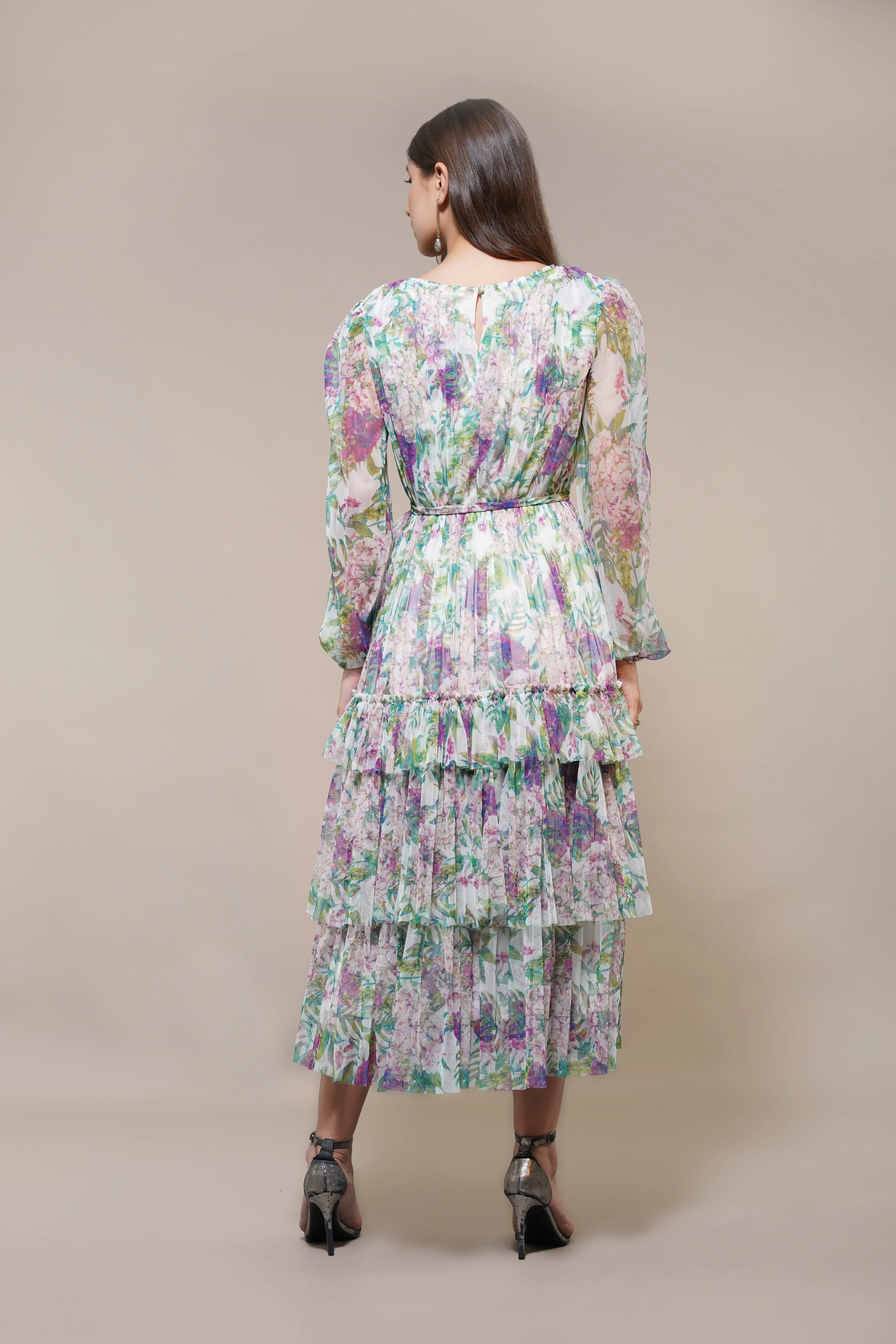 Rebecca Midi Dress in Purple Green Floral