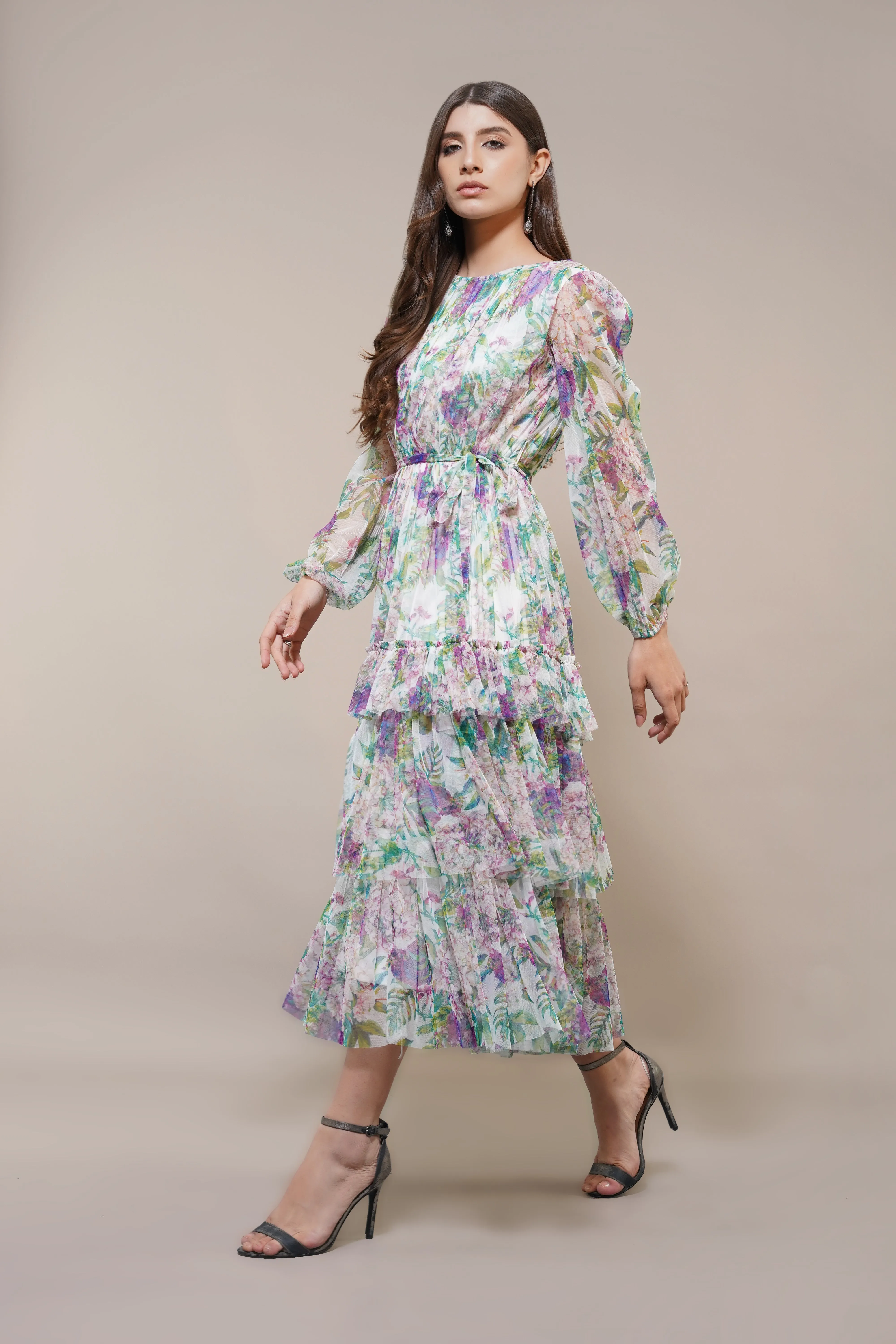 Rebecca Midi Dress in Purple Green Floral