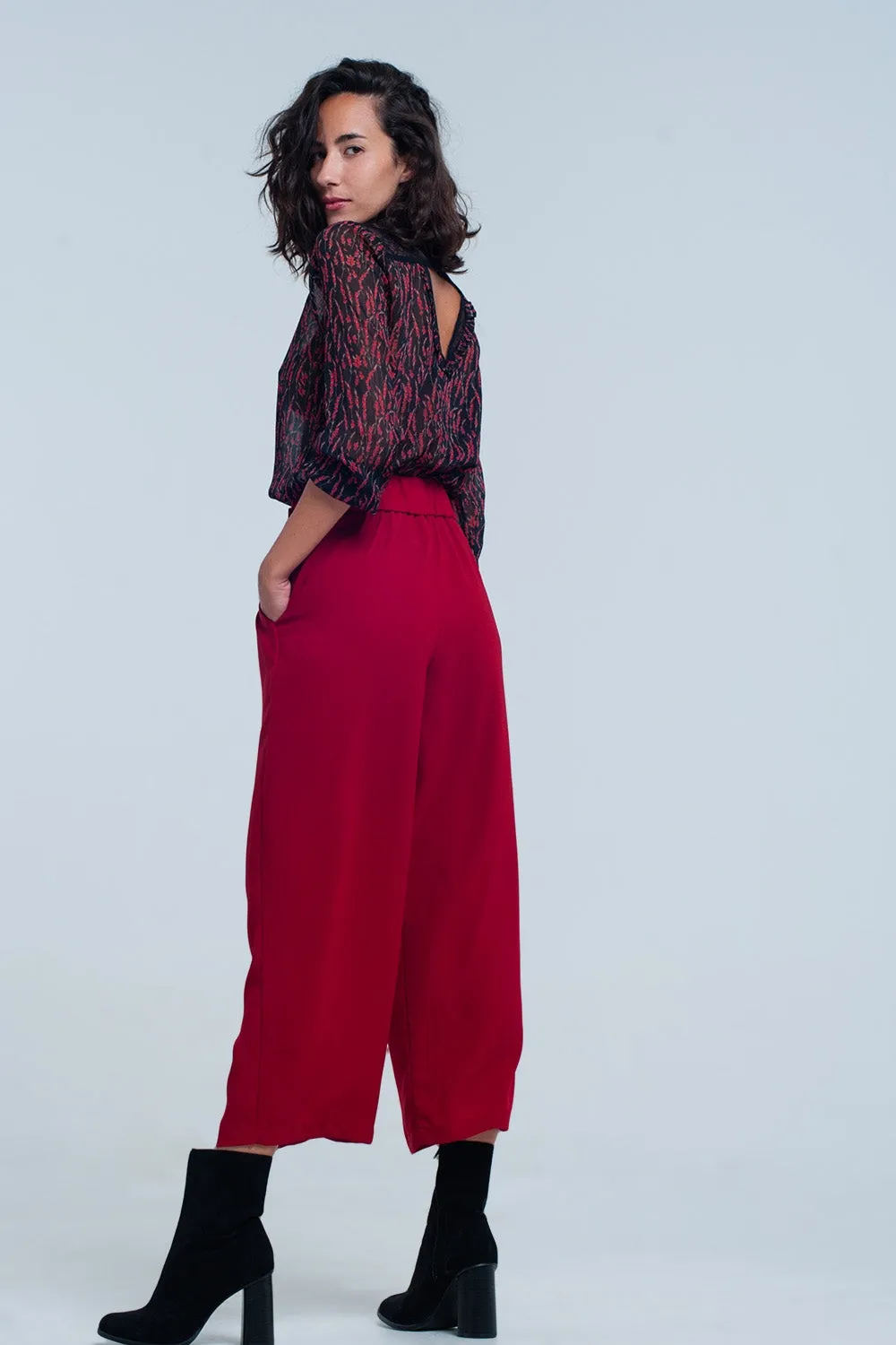 Red wide leg culottes with belt detail