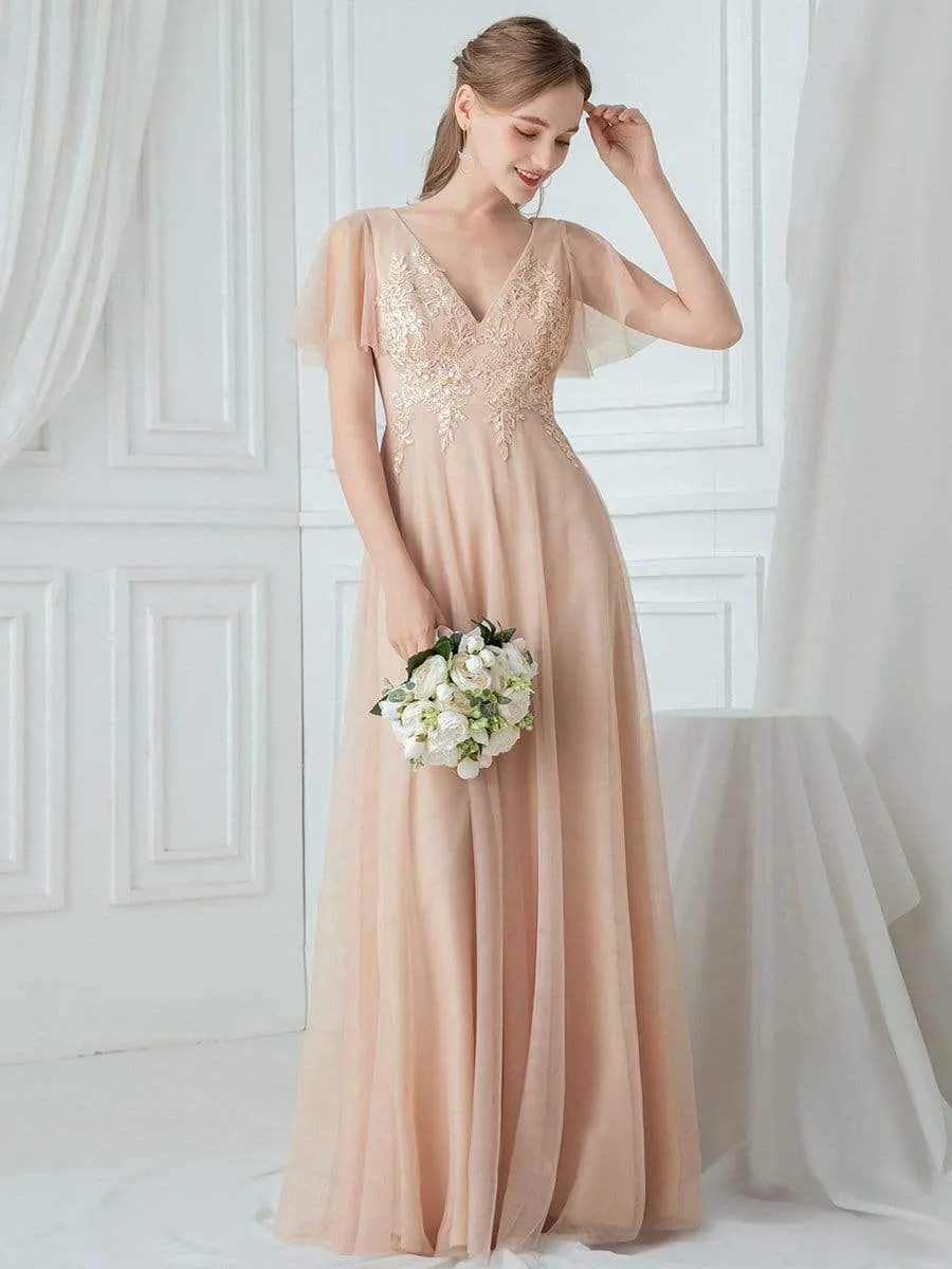 Rommantic A-Line Embroidered Bridesmaid Dress with Ruffle Sleeve