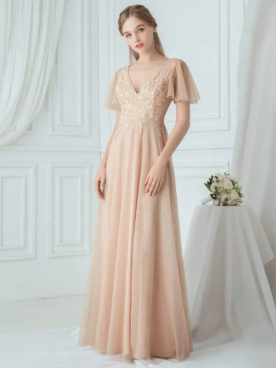 Rommantic A-Line Embroidered Bridesmaid Dress with Ruffle Sleeve