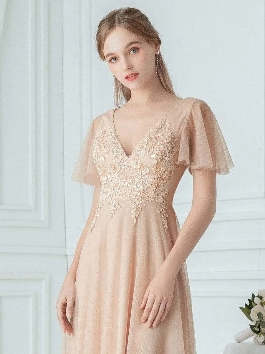 Rommantic A-Line Embroidered Bridesmaid Dress with Ruffle Sleeve