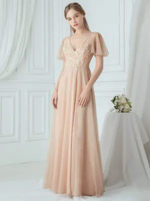 Rommantic A-Line Embroidered Bridesmaid Dress with Ruffle Sleeve