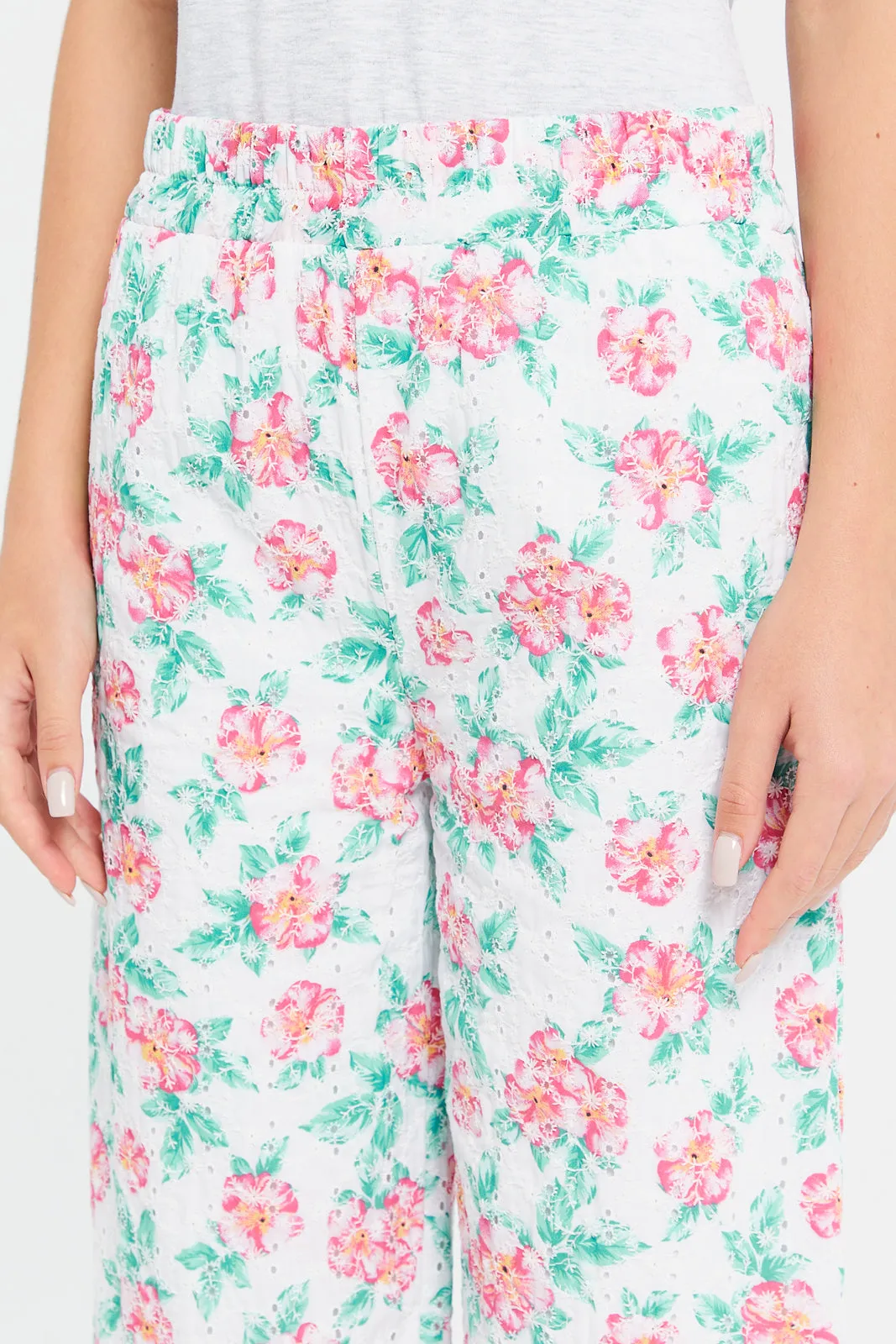 Senior girls White Floral Print Culotte Pants