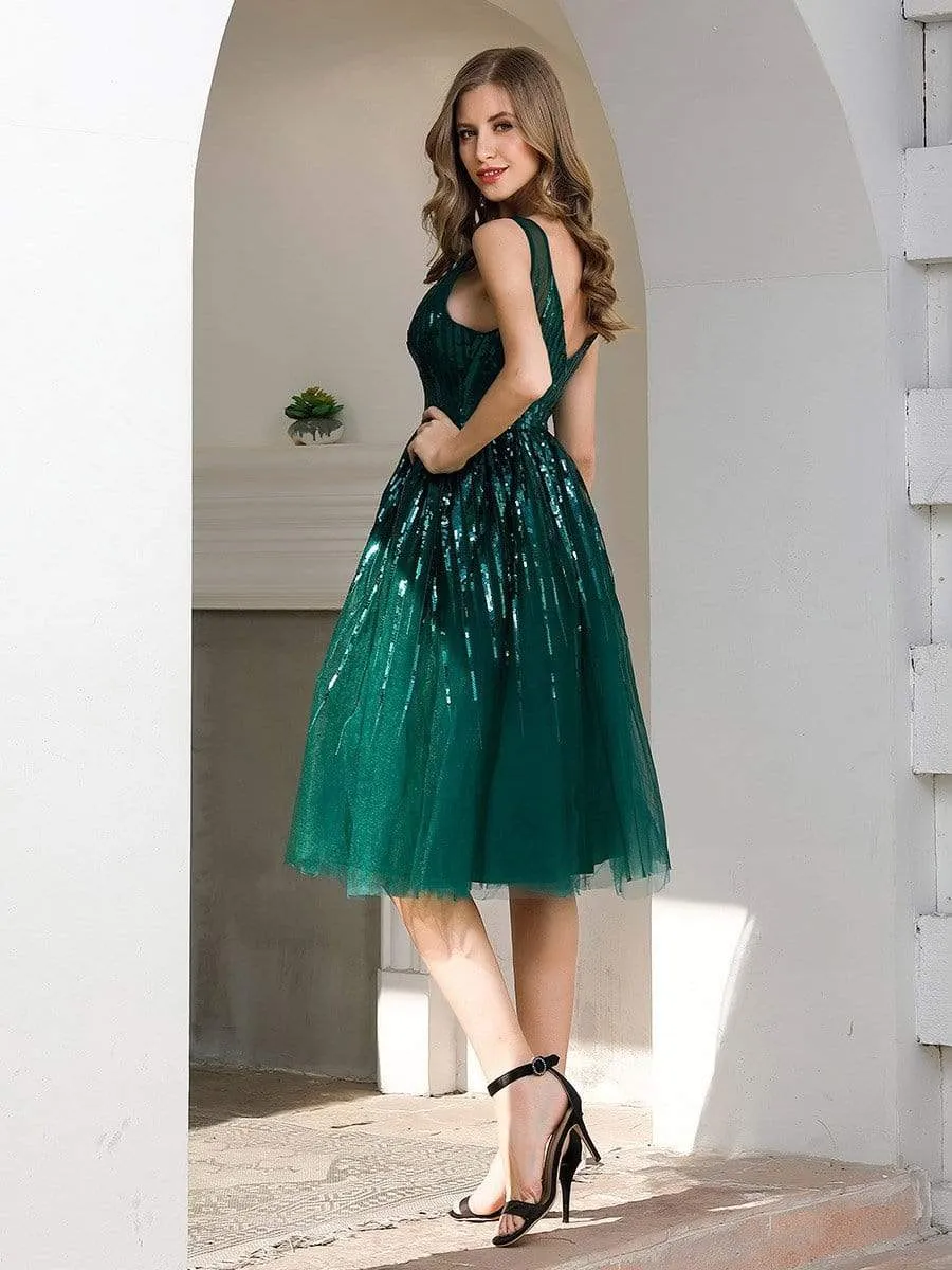 Shiny Knee Length Deep V Neck Cocktail Dresses for Party