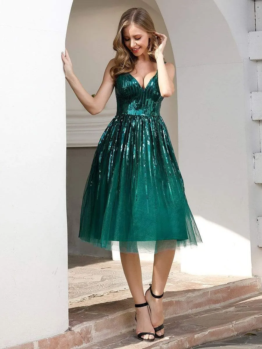 Shiny Knee Length Deep V Neck Cocktail Dresses for Party