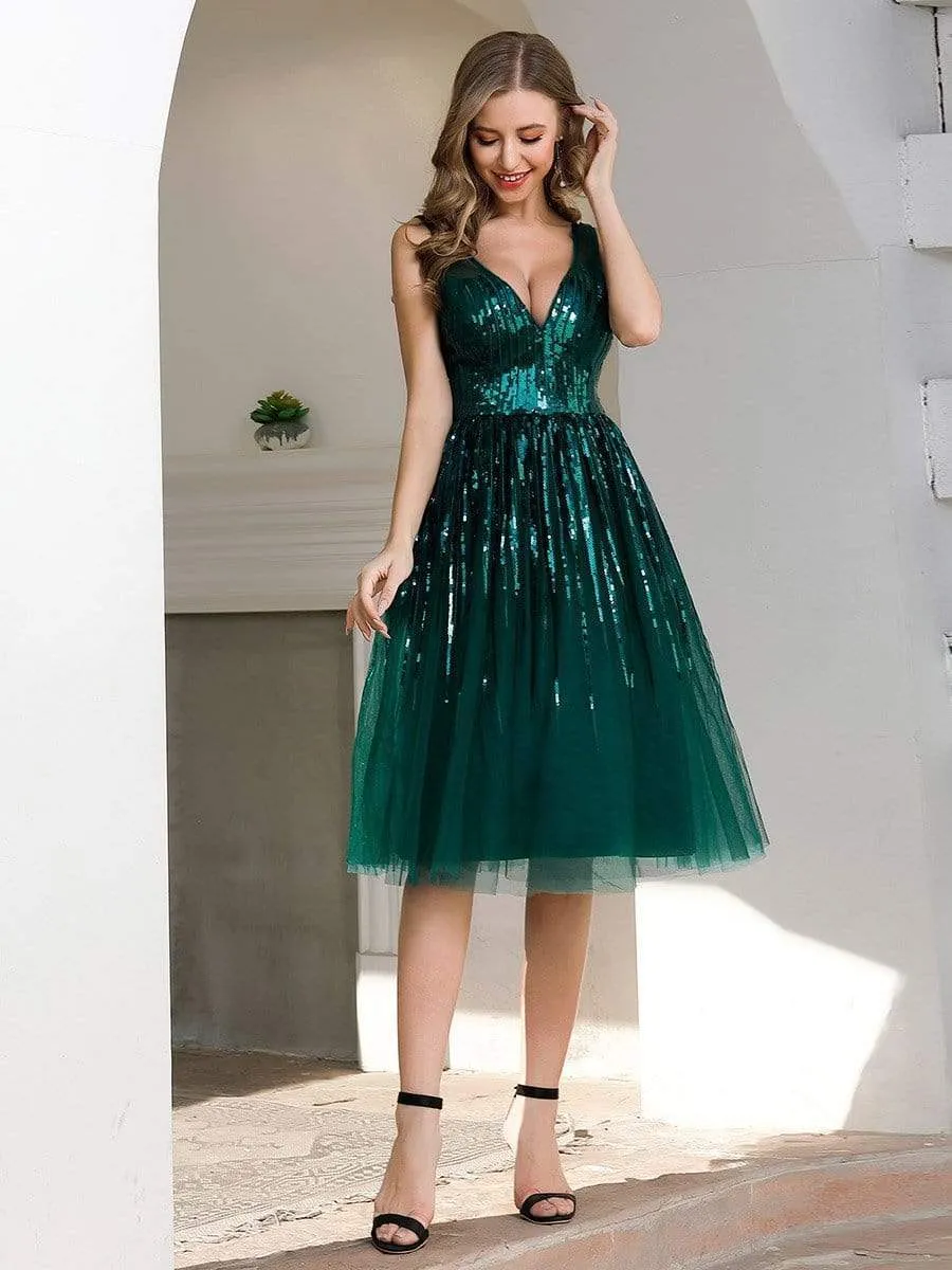 Shiny Knee Length Deep V Neck Cocktail Dresses for Party