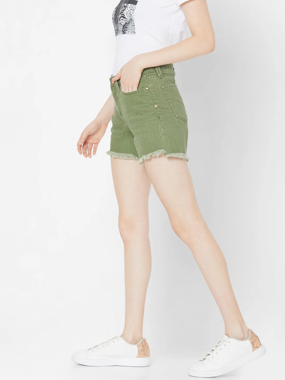 Spykar Women Olive Solid Relaxed Mid-Rise Shorts (Relaxed)