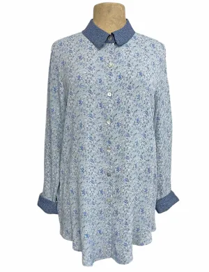 Sweet Blue Floral Long Sleeve Peter Pan Collar Blouse