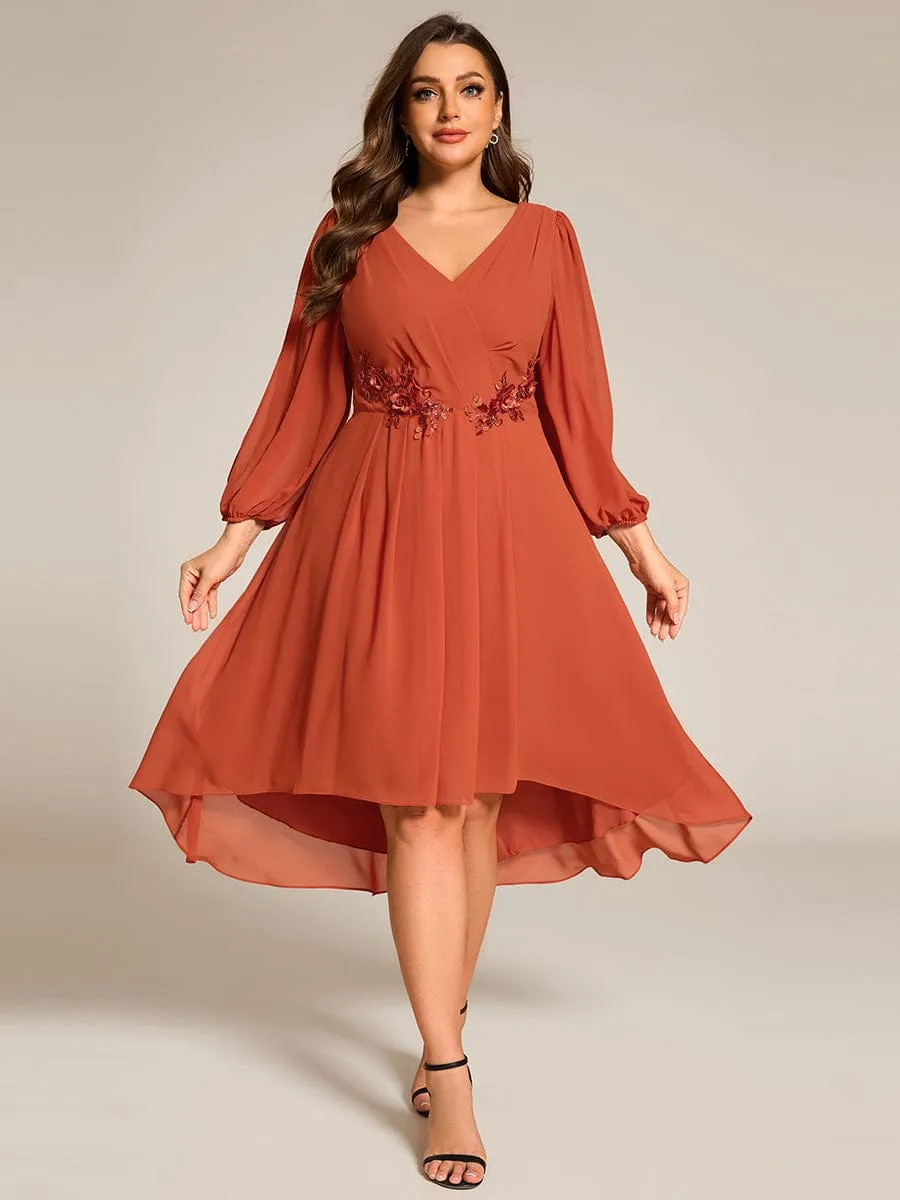 Warm Elise | Plus Size Flowy Long Sleeves V-Neck Waist Applique Midi Chiffon Wedding Guest Dress