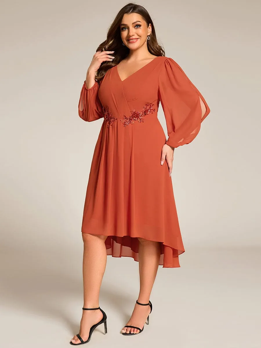 Warm Elise | Plus Size Flowy Long Sleeves V-Neck Waist Applique Midi Chiffon Wedding Guest Dress