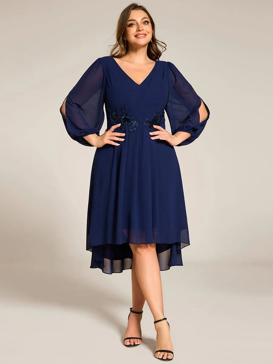 Warm Elise | Plus Size Flowy Long Sleeves V-Neck Waist Applique Midi Chiffon Wedding Guest Dress