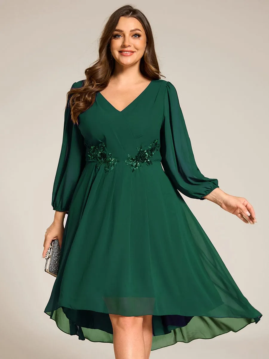 Warm Elise | Plus Size Flowy Long Sleeves V-Neck Waist Applique Midi Chiffon Wedding Guest Dress