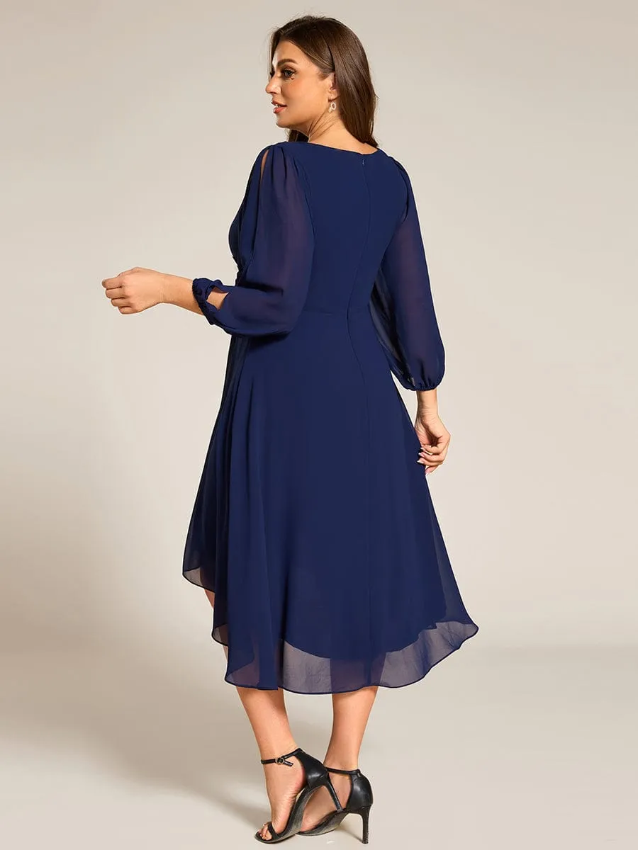 Warm Elise | Plus Size Flowy Long Sleeves V-Neck Waist Applique Midi Chiffon Wedding Guest Dress