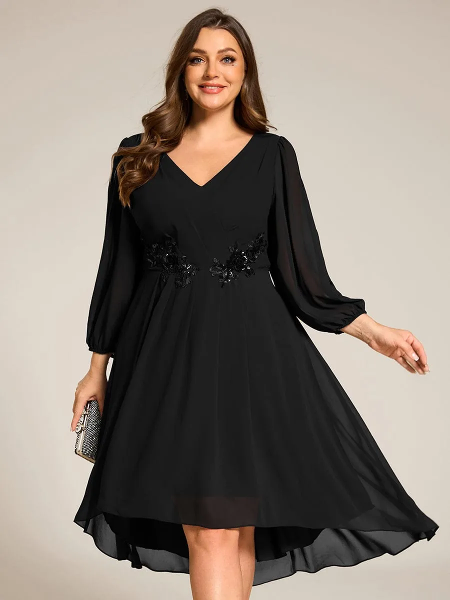 Warm Elise | Plus Size Flowy Long Sleeves V-Neck Waist Applique Midi Chiffon Wedding Guest Dress