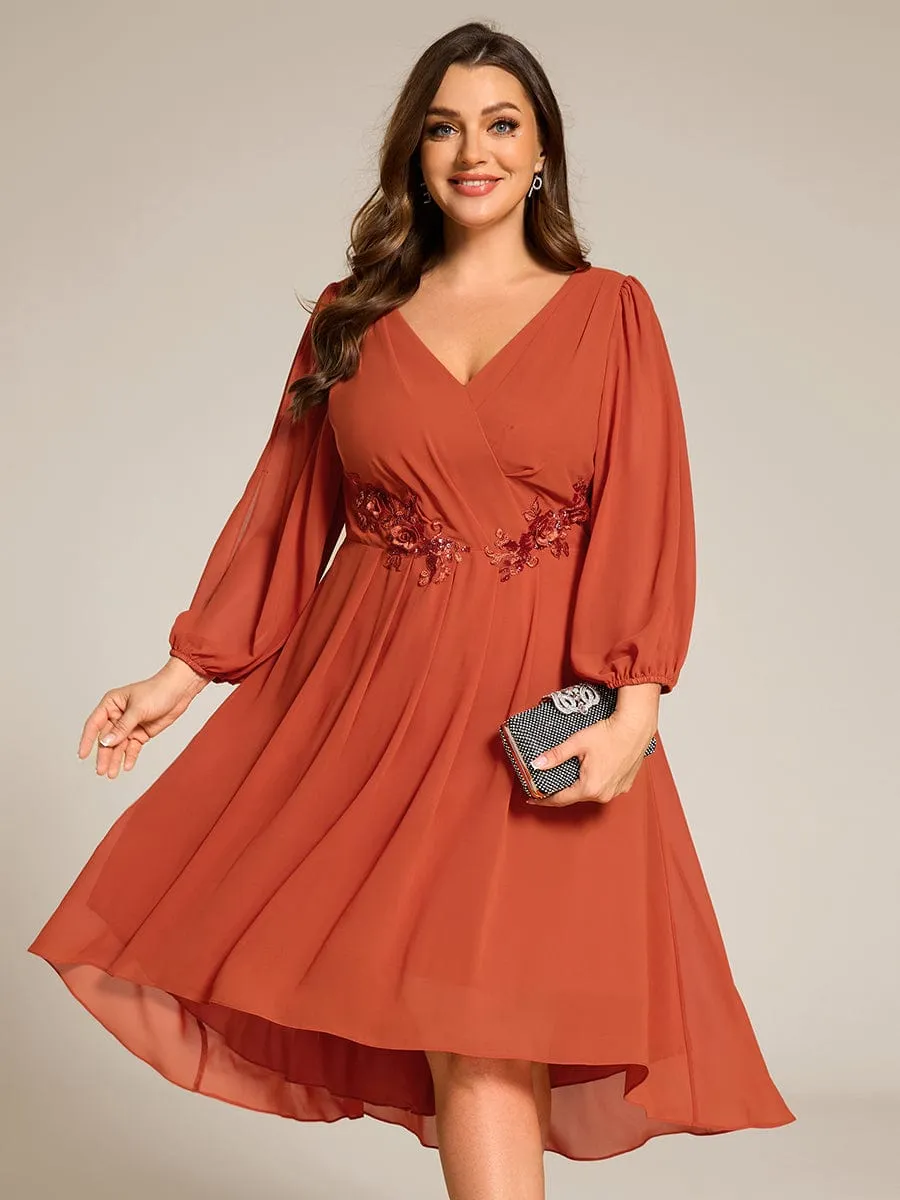 Warm Elise | Plus Size Flowy Long Sleeves V-Neck Waist Applique Midi Chiffon Wedding Guest Dress