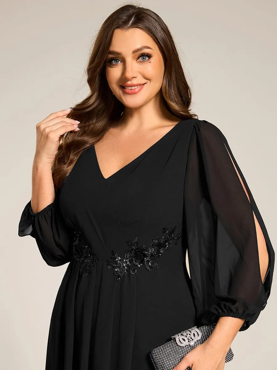 Warm Elise | Plus Size Flowy Long Sleeves V-Neck Waist Applique Midi Chiffon Wedding Guest Dress