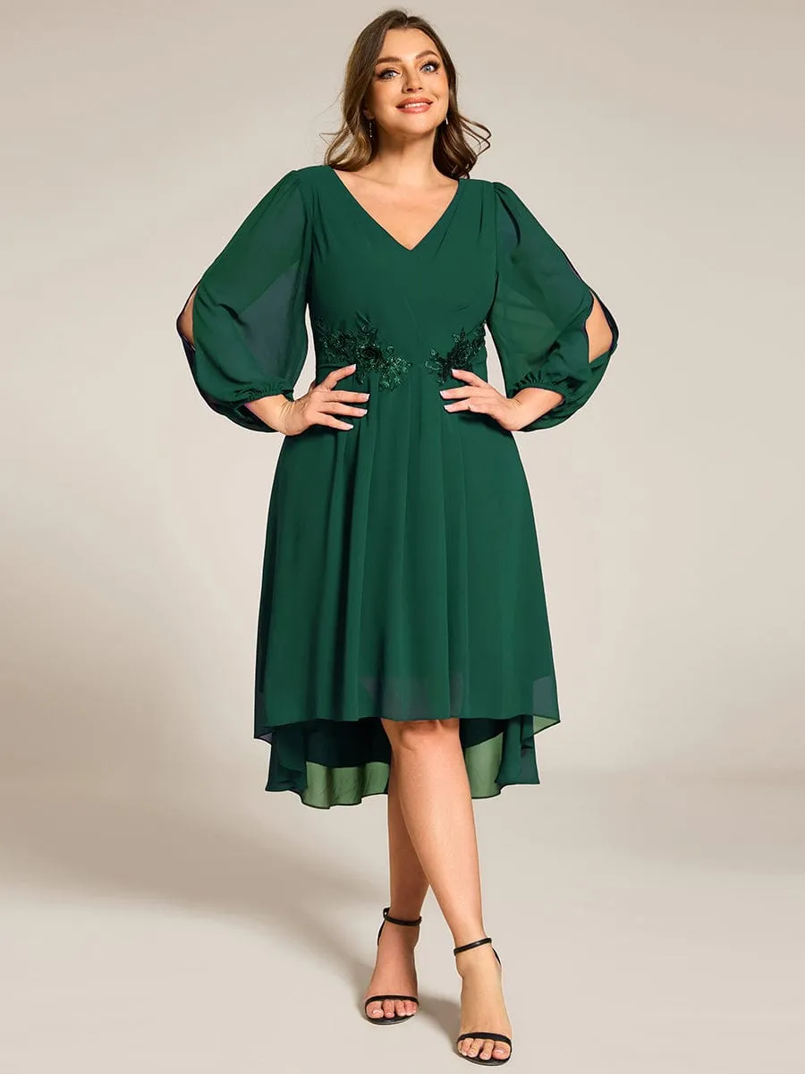 Warm Elise | Plus Size Flowy Long Sleeves V-Neck Waist Applique Midi Chiffon Wedding Guest Dress