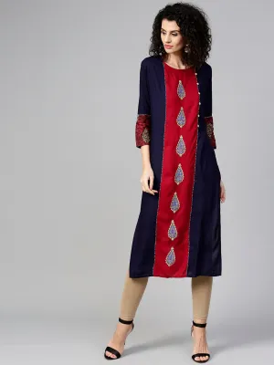 Women Maroon & Navy Blue Printed Kurta